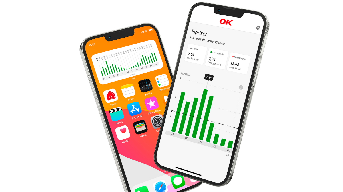To telefoner der viser OK Hjem-appen