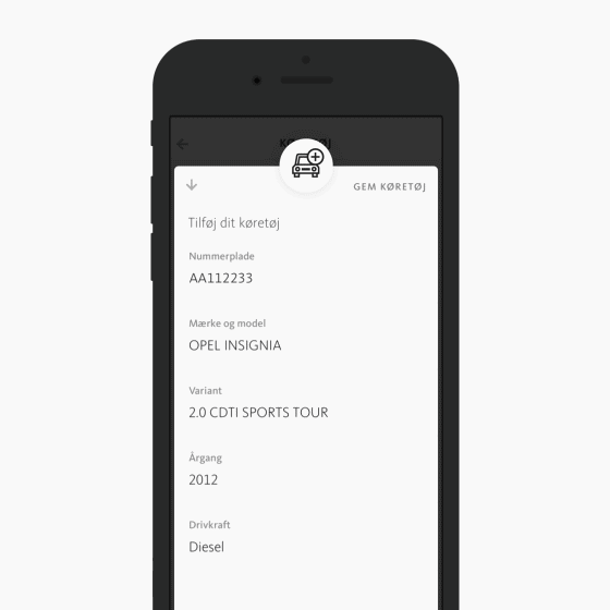 Skærmbillede der viser registrering af køretøj i app