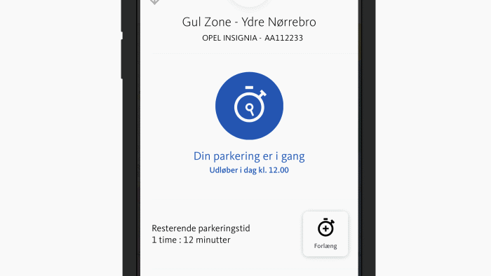 Skærmbillede der viser at din parkering med OK's app er i gang