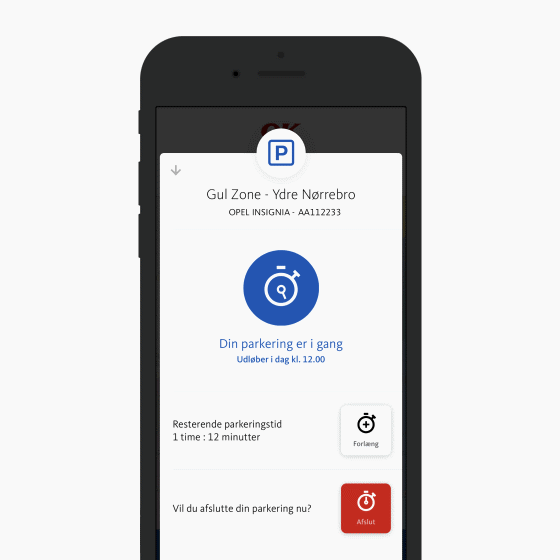 Skærmbillede der viser at din parkering med OK's app er i gang