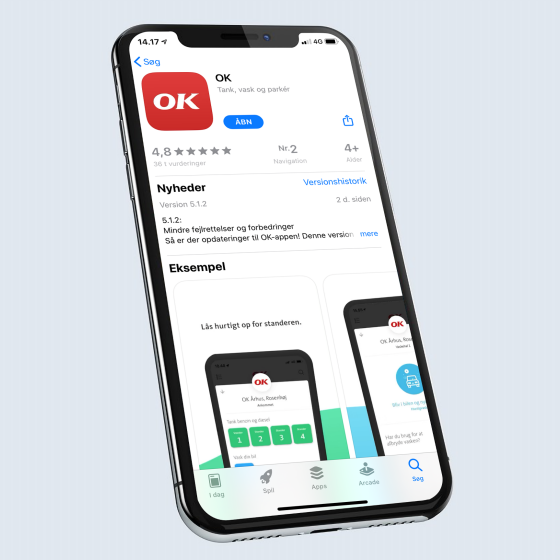 Mobiltelefon med OK-appen download-visning i App Store