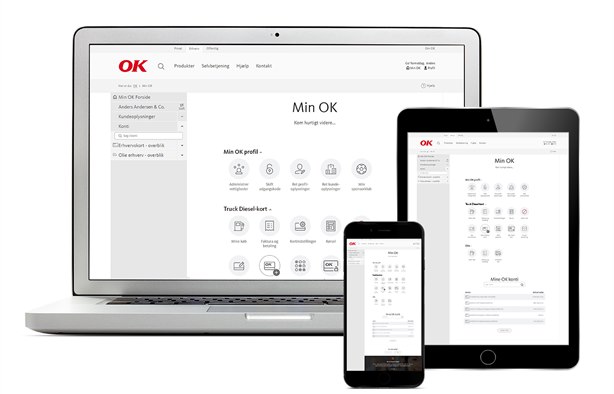 Illustration af selvbetjeningen Min OK på computer, tablet og mobiltelefon