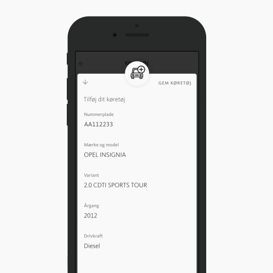 Skærmbillede der viser registrering af køretøj i app