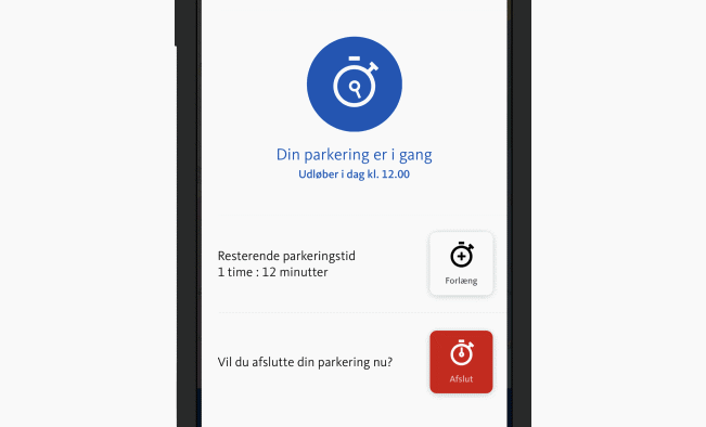 Skærmbillede der viser at din parkering med OK's app er i gang