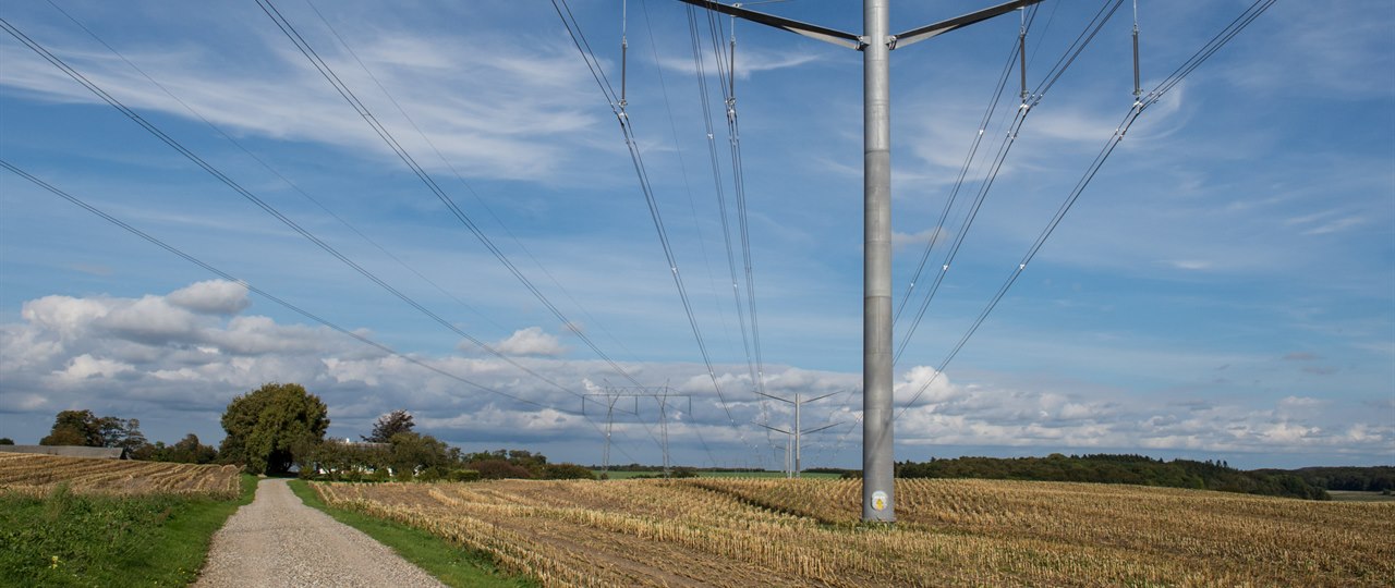 Højspændingsmast på kornmark med blå himmel