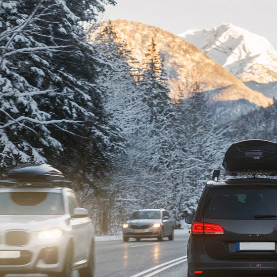 Bil med tagboks i sne