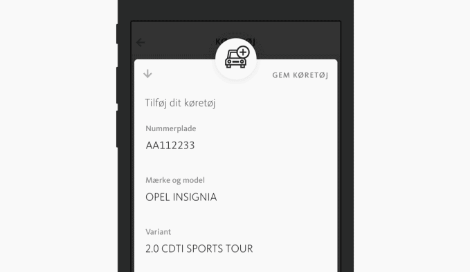 Skærmbillede der viser registrering af køretøj i app