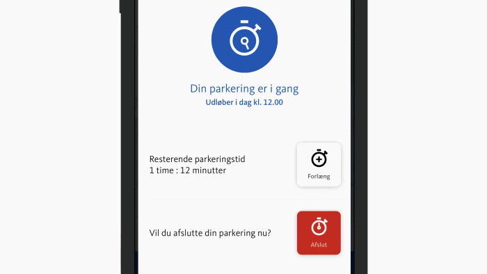Skærmbillede der viser at din parkering med OK's app er i gang