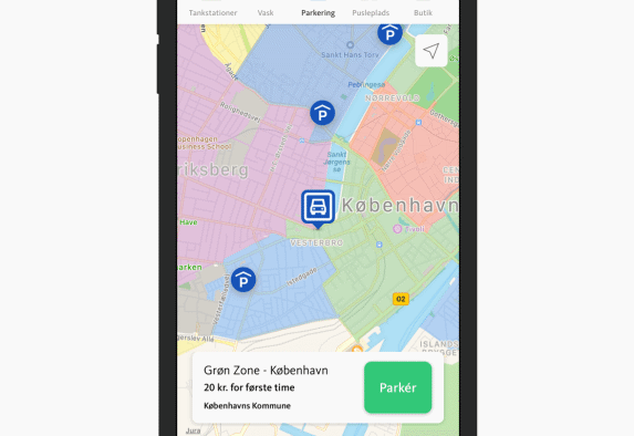 Skærmbillede der viser kort over parkeringsområder i OK's app