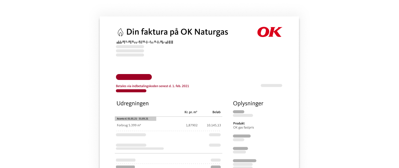 Eksempel på naturgasfaktura fra OK