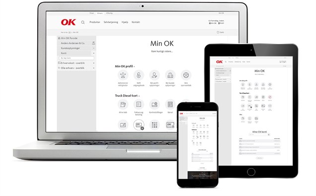 Illustration af selvbetjeningen Min OK på computer, tablet og mobiltelefon