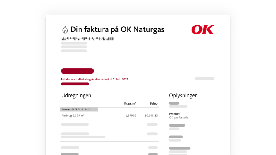 Eksempel på naturgasfaktura fra OK