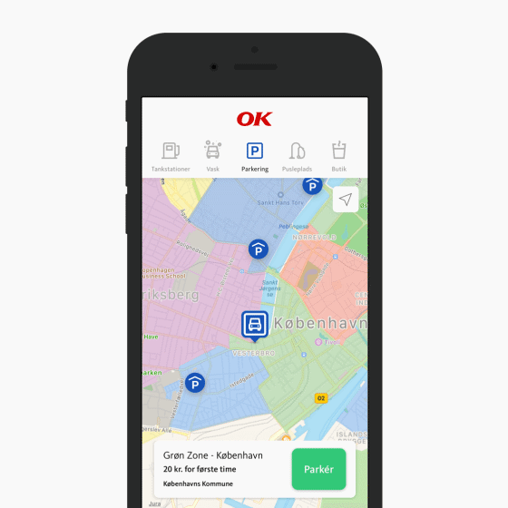 Skærmbillede der viser kort over parkeringsområder i OK's app