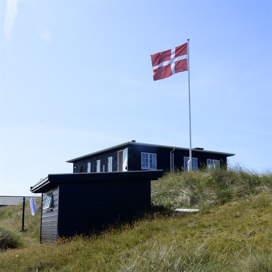 Sommerhus med flagstang og Dannebrogsflag på blå sommerhimmel