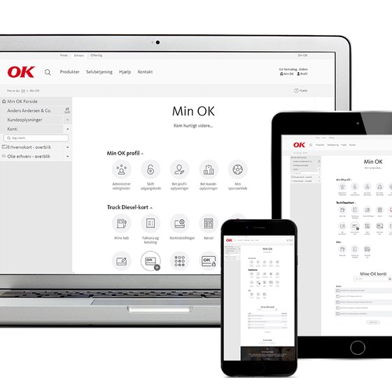 Illustration af selvbetjeningen Min OK på computer, tablet og mobiltelefon